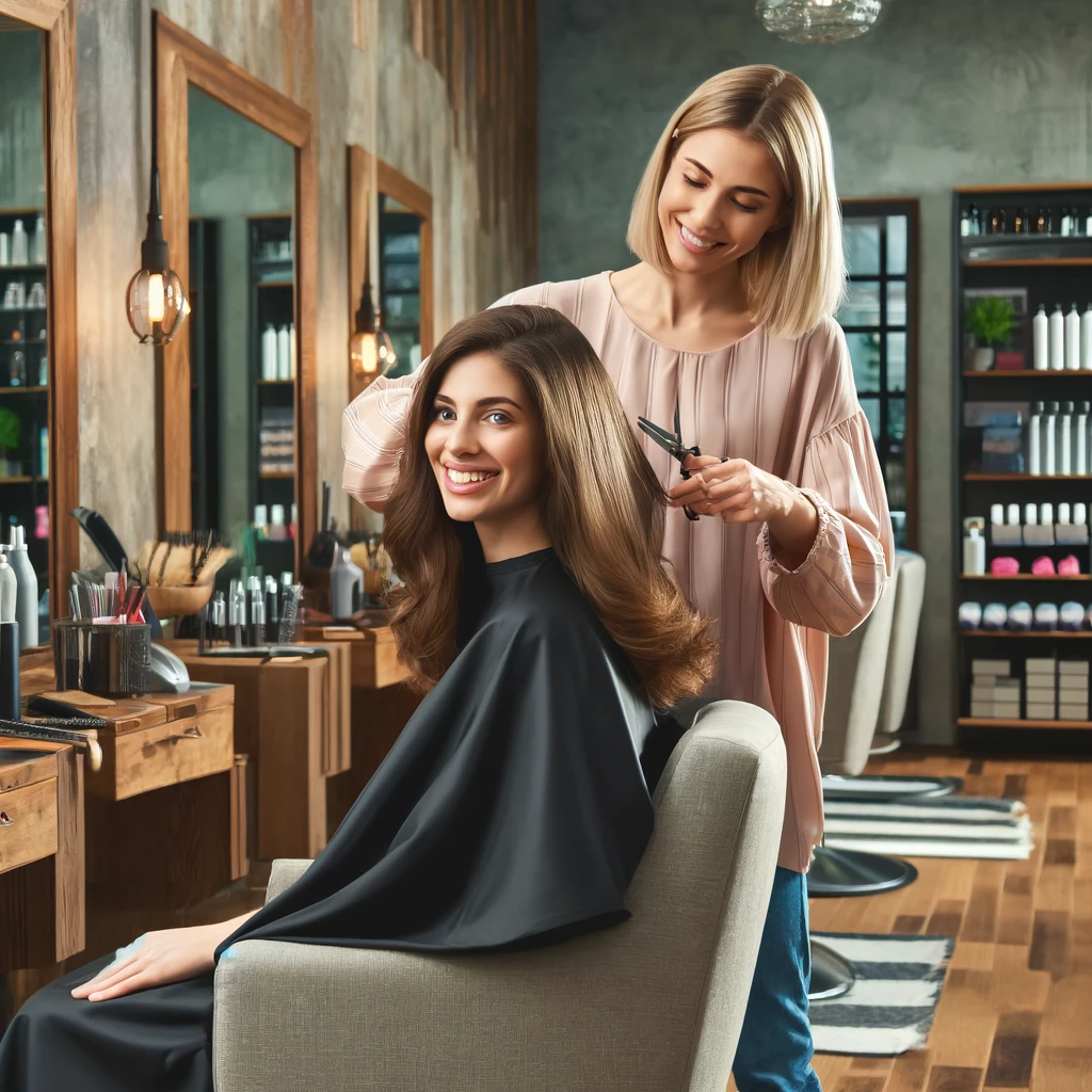 DALL·E 2024-05-31 12.14.12 – A small hair salon with a cozy and inviting atmosphere. The scene features a woman getting her hair cut by a hairdresser, both smiling and looking rel