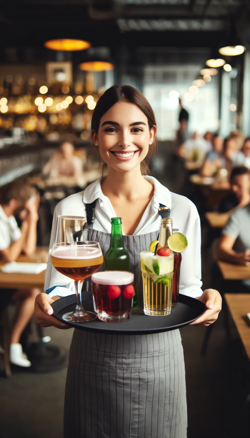 DALL·E 2024-06-12 10.04.21 – A waitress holding a tray with drinks. The waitress is wearing a uniform, possibly an apron, and is smiling. The tray includes various beverages like
