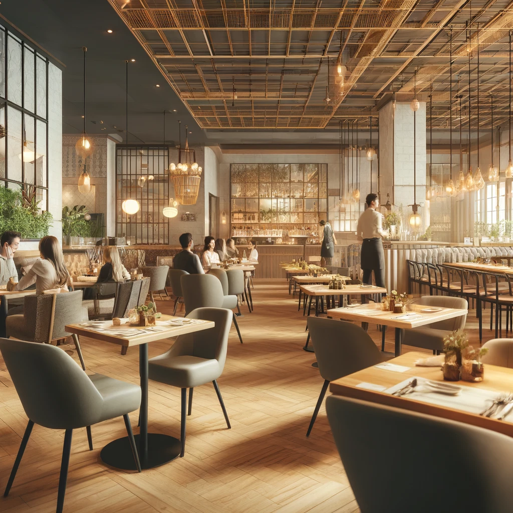 DALL·E 2024-05-31 11.27.55 – A cozy and modern restaurant setting with neatly arranged tables and chairs. The atmosphere is warm and inviting, with soft lighting, stylish decor, a