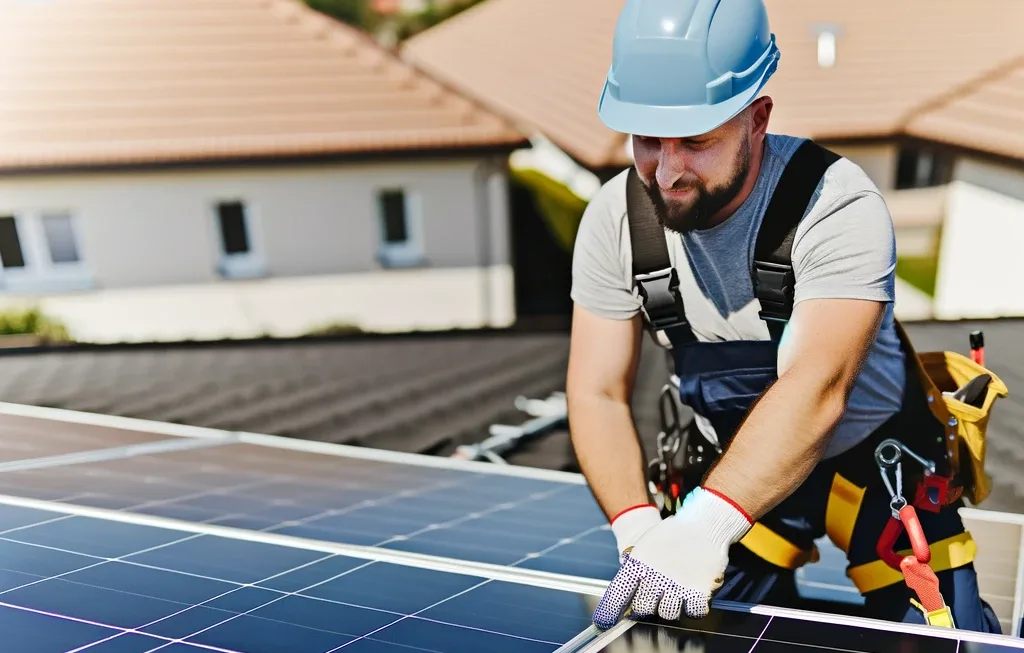 DALL·E 2024-05-31 12.05.32 – Two men installing solar panels on a roof. They are wearing safety gear, including hard hats and harnesses, and are carefully positioning the solar pa