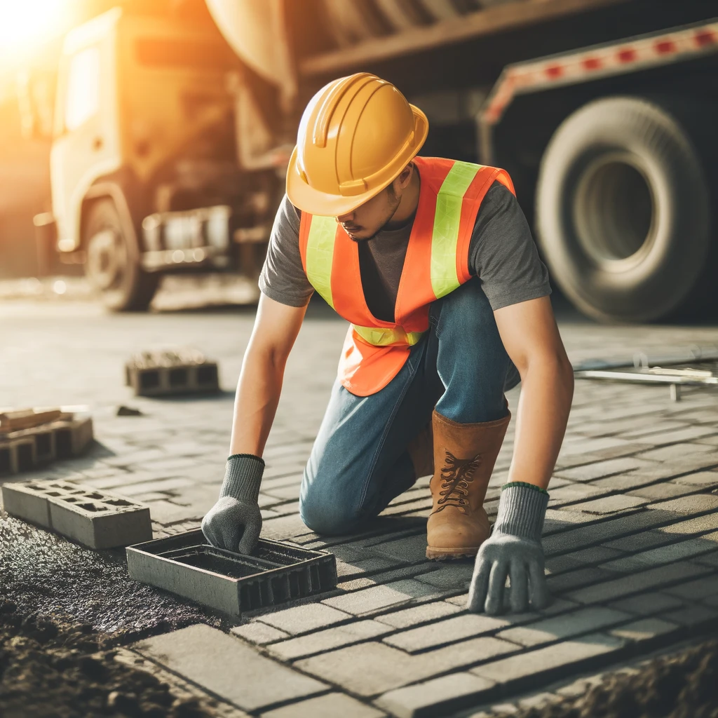 DALL·E 2024-05-31 12.07.25 – A single construction worker working as a road paver on a construction site. The worker is wearing a hard hat, safety vest, and work gloves. They are