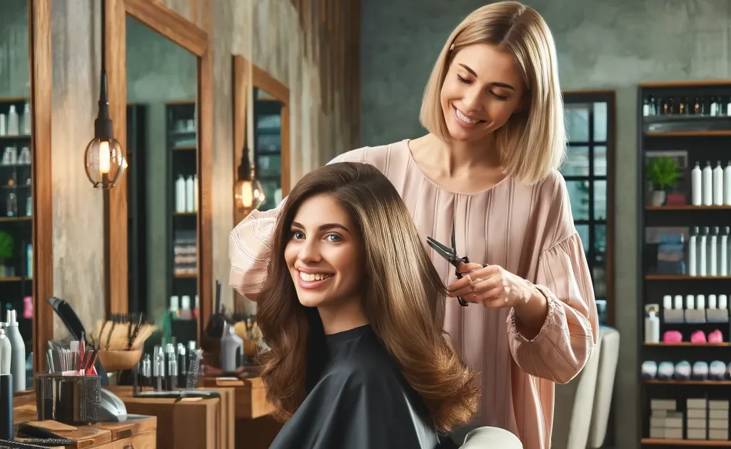 DALL·E 2024-05-31 12.14.12 – A small hair salon with a cozy and inviting atmosphere. The scene features a woman getting her hair cut by a hairdresser, both smiling and looking rel