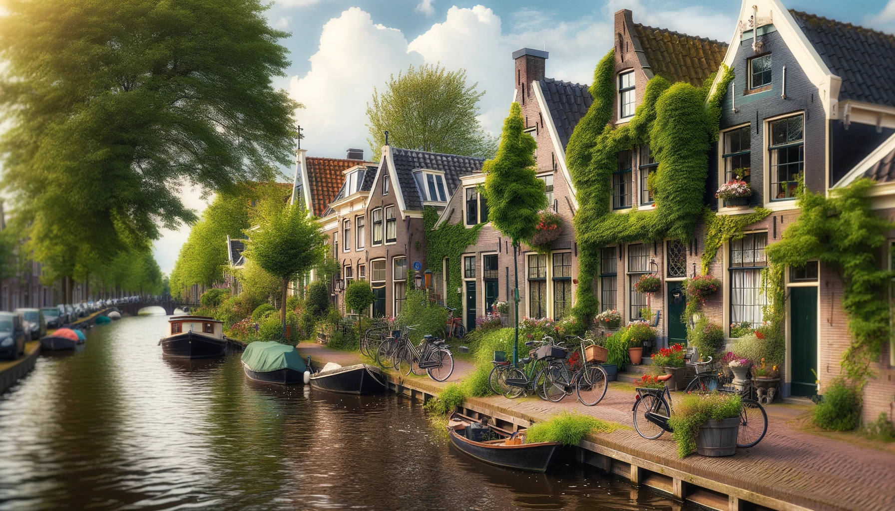 DALL·E 2024-06-12 10.02.10 – A scenic view of a Dutch canal with traditional houses. The scene includes a canal with boats, bicycles parked along the canal edge, and classic Dutch