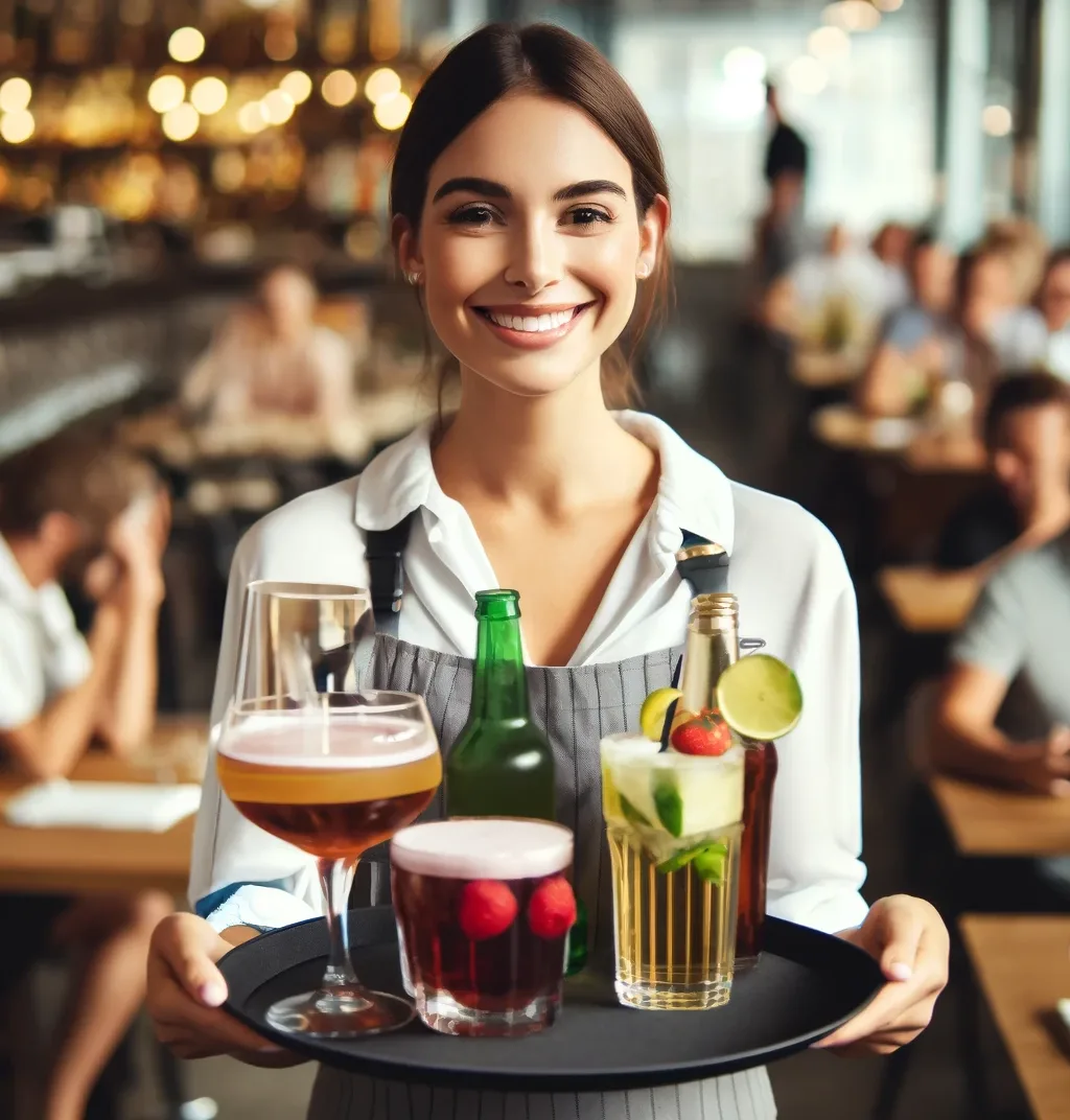 DALL·E 2024-06-12 10.04.21 – A waitress holding a tray with drinks. The waitress is wearing a uniform, possibly an apron, and is smiling. The tray includes various beverages like