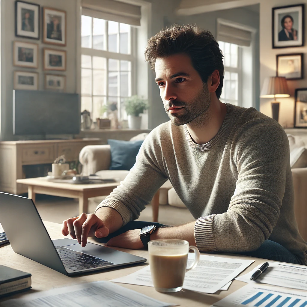 DALL·E 2024-06-28 13.22.49 – A close-up, realistic image of a private entrepreneur, a man in his mid-30s, working in a typical middle-income living room. He is sitting at a table